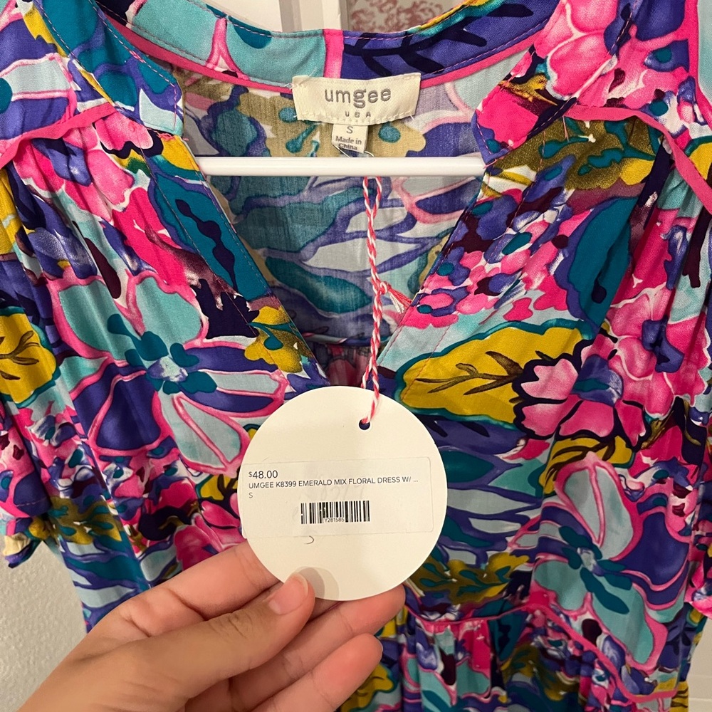 Umgee Pink and Blue Casual Sundress with V-neck Flutter Sleeves - Picture 6 of 6